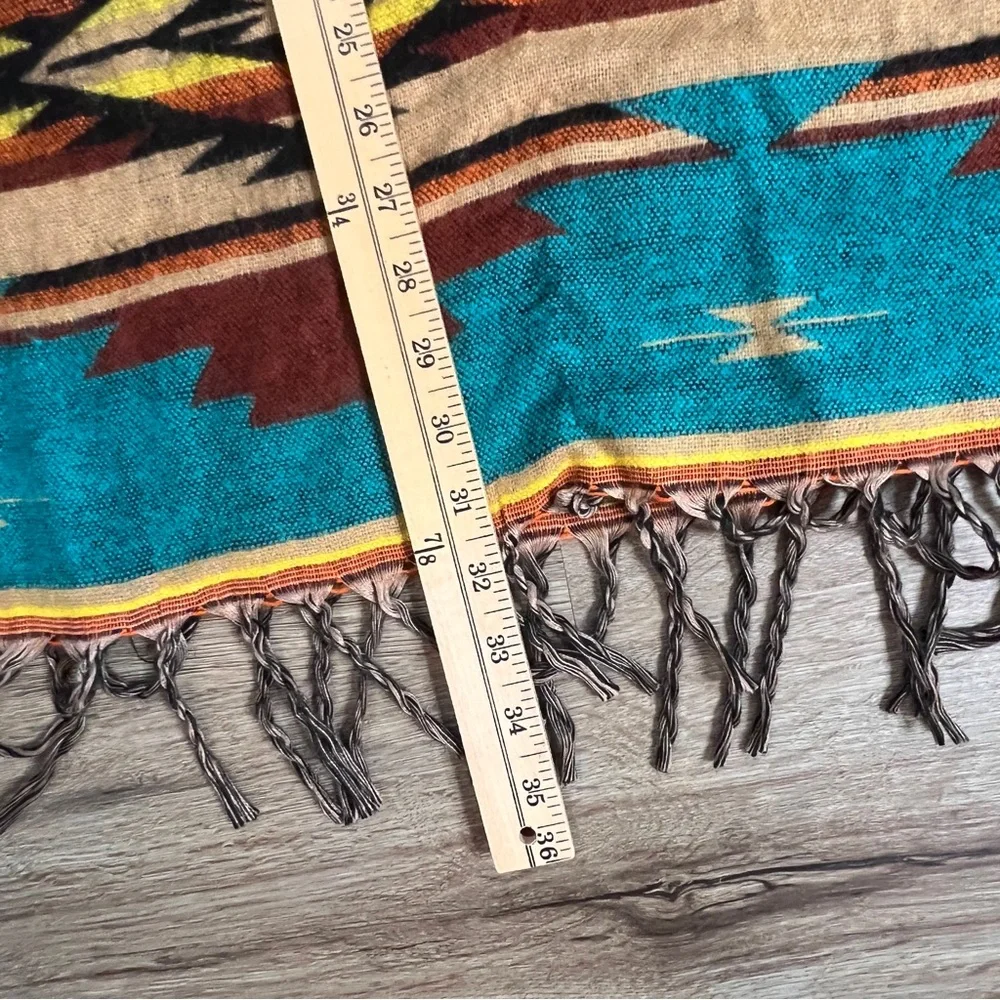 Southwestern Print Soft Poncho Fringe Teal Yellow Festival Unisex One Size - Picture 7 of 10